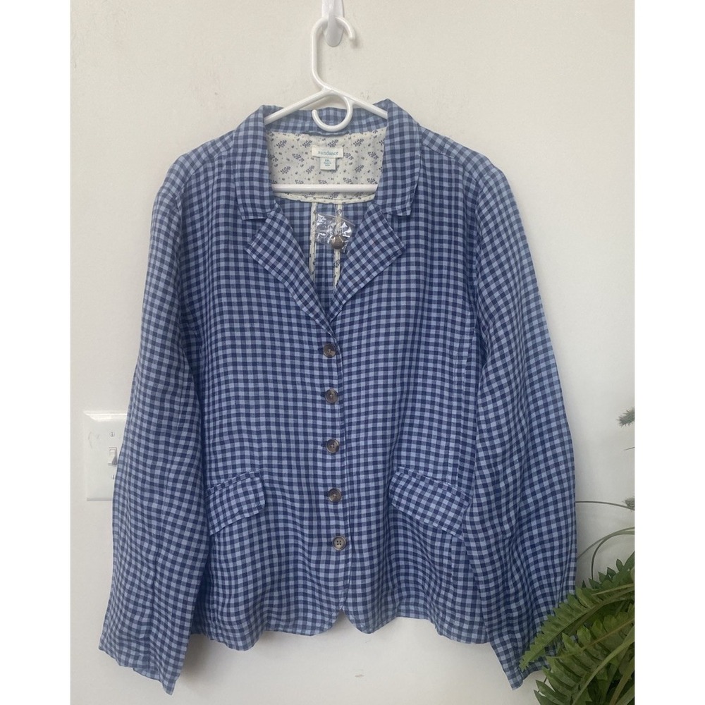 New Sundance Catalog Ziri Blazer Linen Blue Checkered Button Up Jacket XXL, $198